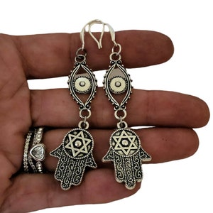 Jewish Star of David Hamsa Evil Eye Earrings and Necklace for Women, Hebrew earrings, Hamsa Hand of Hanukkah Jewelry gift for Her