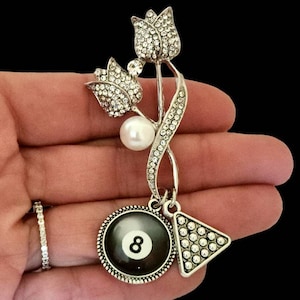 Pool billiard 8 Ball Gift for Women, Pool Player Brooch Lapel Pin made with Swarovski Crystals