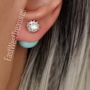 Jumbo Large Silver CZ front back Turquoise Double Ball stud earrings