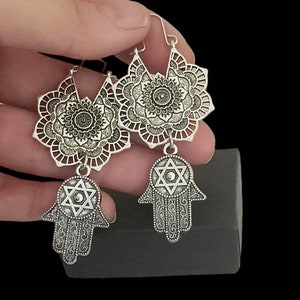 Silver Jewish Star of David Hamsa Evil Eye Hoop Earrings  for Women