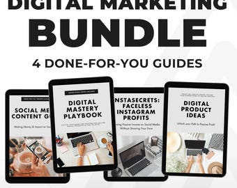 May include: Digital marketing bundle with four digital guides. The guides include topics like social media content, digital mastery, Instagram profits, and digital product ideas. The phrase "Master Resell Rights" is also visible.