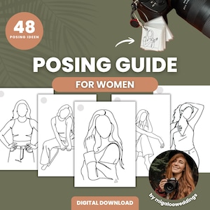 Puede incluir: Una guía de poses digital para mujeres. El título "POSING GUIDE FOR WOMEN" y "DIGITAL DOWNLOAD" son visibles. La guía incluye 48 ideas de poses, ilustradas con dibujos lineales de mujeres en varias poses. También se ve una cámara y un pequeño bloc de notas con un dibujo.