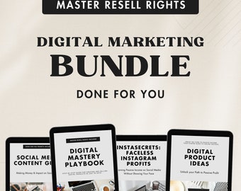 May include: Three digital marketing ebooks with covers featuring laptops and coffee cups. The titles are "Social Media Content Guide", "Digital Mastery Playbook", and "InstaSecrets: Faceless Instagram Profits".