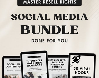 May include: A digital product bundle for social media marketing, featuring four e-books: "Social Media Content Guide", "Influencer Marketing Handbook", "InstaSecrets: Faceless Instagram Profits", and "50 Viral Hooks: Tik Tok & Instagram Reels".