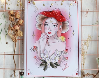 Mushroom Fairy Pilz Fee Portrait Print