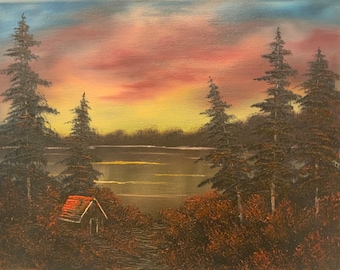 Olio su tela ispirato a Bob Ross® "Tramonto rosso".