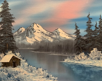 Scène de chalet d'hiver inspirée de Bob Ross®