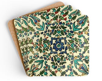 May include: Square coasters with a cream-colored background and a colorful floral pattern. The design features blue, green, and red accents. The coasters have a cork backing.