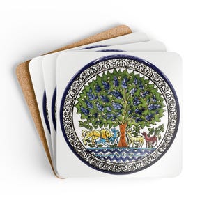 Tree of Life Corkwood Coaster Set, Armenian Pottery Tiles Style Home Decor, Vintage Design Drink Coasters, Tea Coffee Mugs Table Accessories