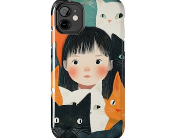 Funda rígida para teléfono con diseño de gatos y niñas, bonita ilustración de gatos, divertidos felinos, iPhone, Android, Samsung, etc., funda protectora para teléfono