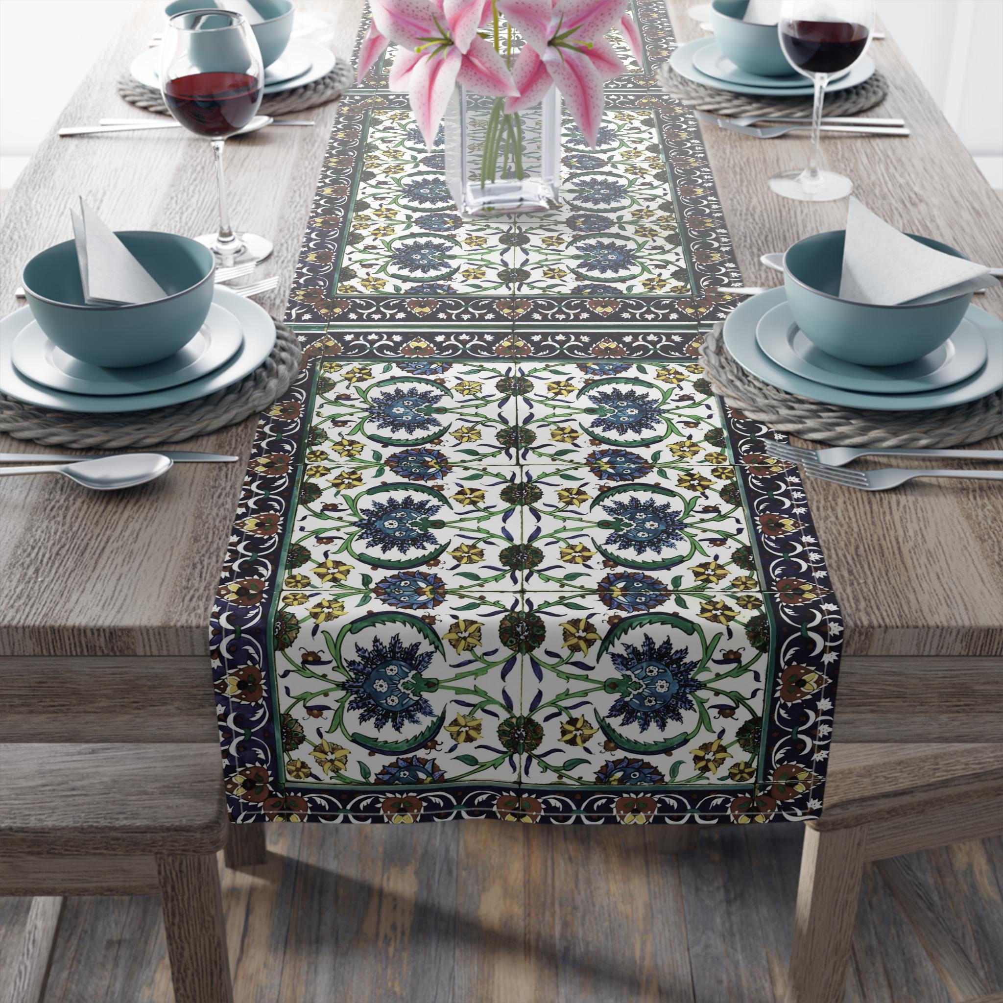 Armenian Ceramic Tiles Style Cotton Table Runner Cover, Elegant Floral Table Home Decor for Dining, Hosting & Events, Kitchen Decor