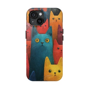 May include: A colorful phone case with a design of multiple cats in various colors, including blue, red, yellow, and orange. The case has a black border and a camera cutout.