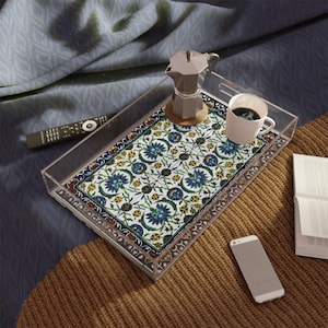 Armenian Pottery Tiles Art Style Acrylic Serving Tray, Floral Elegant Host Kitchen Home Decor, Wedding Gift Organizer Entertaining Essential