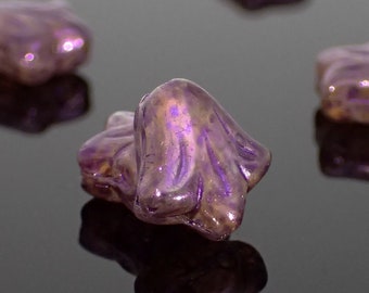 Mini Rustic Lily Flower Beads, Artisan Czech Glass, 12 Pieces, 9mm Mottled Metallic Purple and Beige Picasso Finish