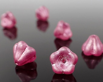 Pink Czech Glass Baby Bell Flower Beads, Crystal Clear Matte with Metallic All-Over Pink Wash, 25 8x6mm