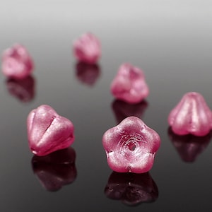 Pink Czech Glass Baby Bell Flower Beads, Crystal Clear Matte with Metallic All-Over Pink Wash, 25 8x6mm