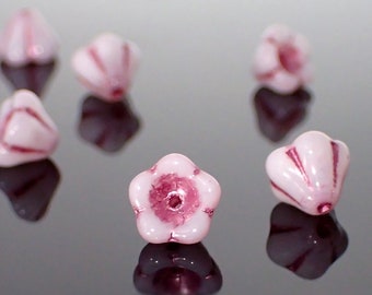 25 8x6mm Czech Glass Baby Bell Flower Beads, Opaque White with Metallic Pink Wash