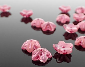 Pink Czech Flower Beads, 12 Pieces, 10x4mm Clear and Opaque Glass Mix with Metallic Pink Wash
