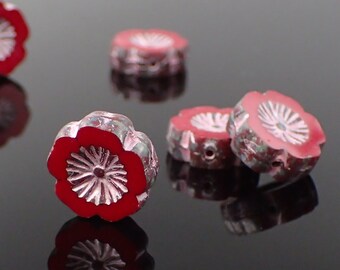 Czech Glass Hibiscus Hawaiian Flower Beads, Table Cut Opaque Red with Picasso Finish and Light Pink Wash, 14mm 6 Pieces
