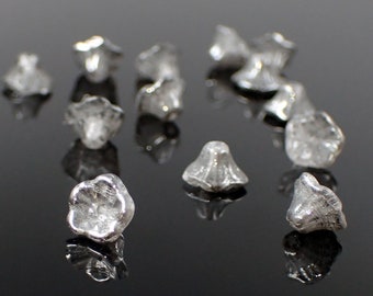 Czech Glass Small Cup Flower Beads, Crystal Clear with Chrome Silver Luster 7x5mm, 25 Pieces