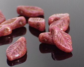 Czech Glass Leaf Beads, 12 Pieces, 12x6mm Marbled Metallic Pink and Beige Picasso Finish