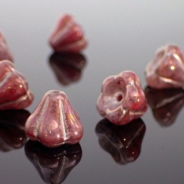 Dusty Pink Czech Glass Baby Bell Flower Beads, 8 Pieces 10x8mm Rose Silk with Bronze Finish and Platinum Wash