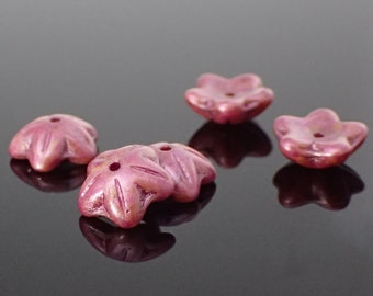 Pink Czech Flower Beads, 12 Pieces, 10x4mm Matte Metallic Mottled Pink