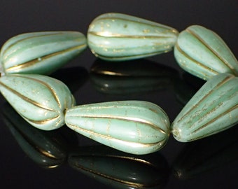 Large Teardrop Artisan Czech Glass Beads with Melon Grooves Mint Silk with Metallic Gold Wash, 22mm 2 Pieces