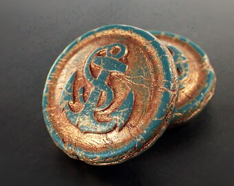 Czech Glass Anchor Beads Matte Dark Teal with Metallic Copper Bronze Wash 22mm, 2 Pieces