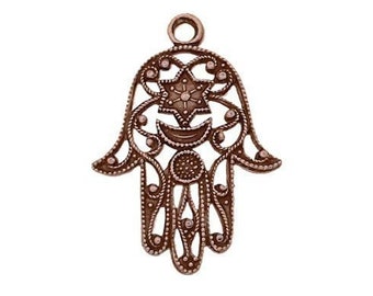 Hamsa Hand Filigree Charm Drops - Antiqued Copper Ox Pendants - Hand of Fatima Good Luck Symbol - 2 Pieces Hi Quality Stampings
