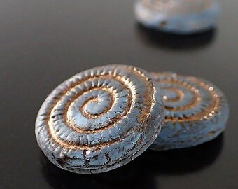 Matte Denim Blue with Bronze Wash Fossil Beads - 2 Pieces - Artisan Czech Pressed Glass - Montana Blue Spiral Ammonite Shell Rustic Beads