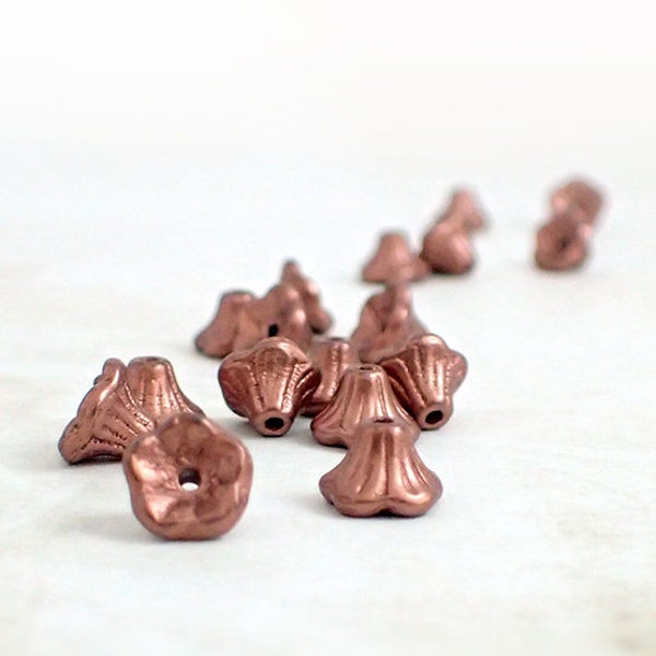 Czech Glass Cup Flower Beads 7x5mm - 25 Pieces - Small 7mm Bell Flowers Matte Copper Camel Gold