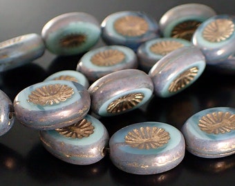 Mint Silk Czech Glass Beads with Purple and Bronze Patina - 14x10mm 10x14mm Oval - Czech Table Cut Flat with Carved Star Pattern - 6 Pieces