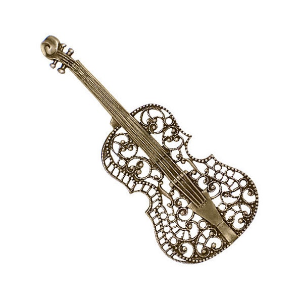 Victorian Violin Filigree - Rare Large Antiqued Brass Ox Stamping Vintage Style European Made - Romantic Viola Cello Embellishment - 1 Piece