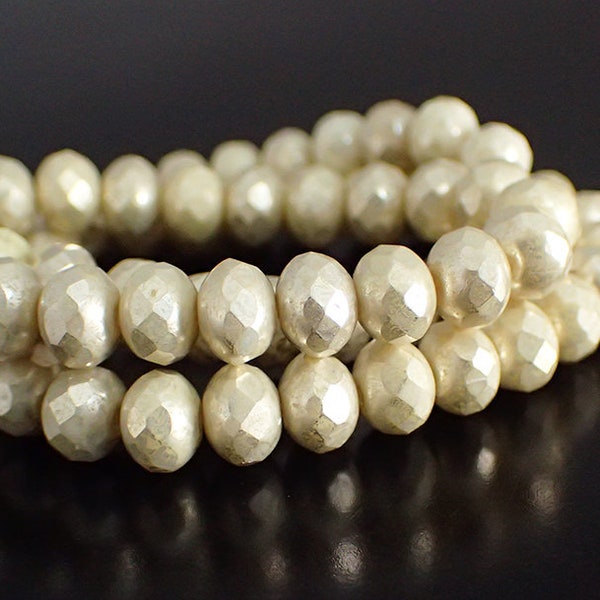 7x5mm Opaque Ivory with Mercury Finish Rondelle Beads - 25 Pieces - Czech Glass Fire Polished Rondelle Donut Beads