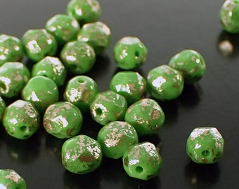 Opaque Spring Green Gold Rain Metallic Czech Fire Polished Glass Beads - 6mm Beads 50 Pieces