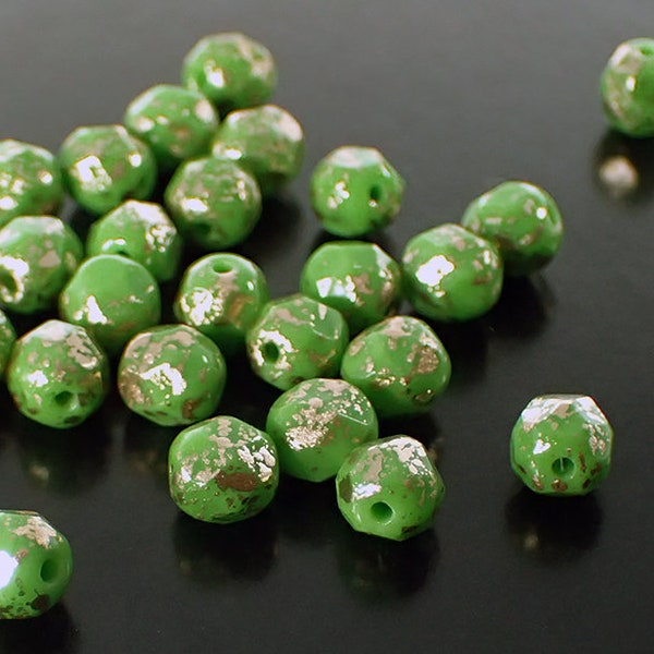 Opaque Spring Green Gold Rain Metallic Czech Fire Polished Glass Beads - 6mm Beads 50 Pieces