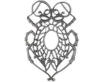 Large Egyptian Scarab Filigree - Rare Antiqued Silver European Brass Beetle Stamping - 1 Piece - For Vintage Style Jewelry Making and Crafts