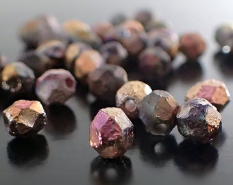Etched Czech Glass Fire Polished Beads - Dark Capri Rose Full Coat - 6mm Beads 25 Pieces - Colorful Pink Copper Black