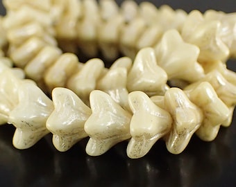 25 Opaque Ivory with Mercury Finish 5-Petal Flower Beads, 9x6mm Czech Glass Star Trumpet Bell Flower Beads