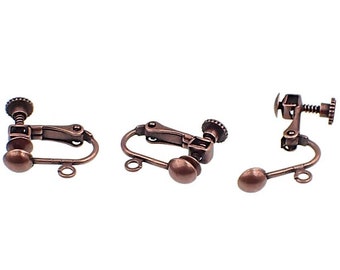 Antique Copper Ox Clip On Earring Findings with Adjustable Screw Back, Loop, and 5mm Ball Front, Nickel Free, 10 Pieces