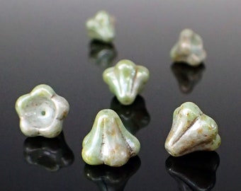 13x11mm Czech Glass Chunky Bell Flower Beads, 6 Pieces, Chalk White Green Luster