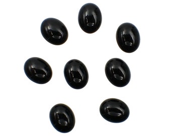 10x8mm Black Czech Glass Cabochons, Domed Oval Stones with Foil Backs, Jet Black Glass Cabs