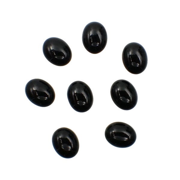 10x8mm Black Czech Glass Cabochons, Domed Oval Stones with Foil Backs, Jet Black Glass Cabs