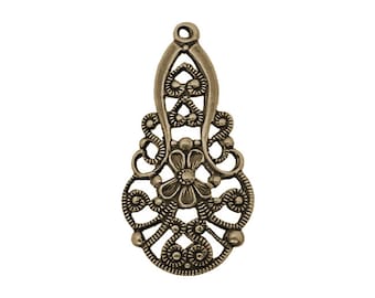 Detailed European Filigree Pendant Drops - Antiqued Brass Ox for Earrings - Victorian French Renaissance Rustic Gothic Style