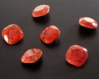 Rare Handmade Czech Glass Faceted Fancy Stone - 12mm Cushion - Red and Orange Coral with Goldstone Inclusions - 1 Piece
