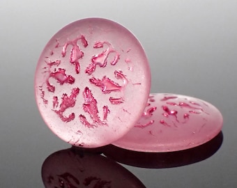 Czech Glass Frosted Snowflake Cabochons, 2 Pieces Matte Clear with Metallic Pink Wash 21mm Round