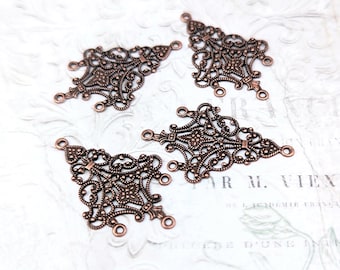 Rare Antiqued Copper Ox Chandelier Components for Earrings - French Style Filigree for Jewelry Making - 4 Pieces - European Made Brass