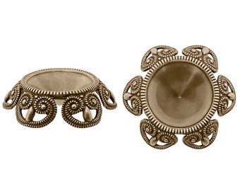 Filigree Setting for 14mm Rivoli Stones - 1 Piece European Made Antiqued Brass Ox - For Pointed Back 1122 Vintage Style