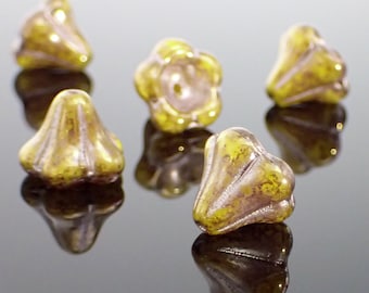 Czech Glass Bell Flower Beads, 6 Pieces Yellow Silk with Bronze Luster and Platinum Wash Chunky Large 13x11mm